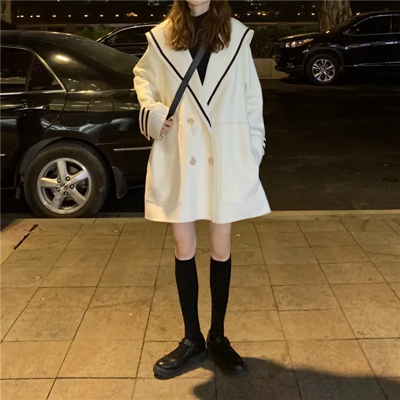 

Korean fashion Coats & Jackets Wool & Blends Contrast Sailor Collar Woolen Coat Women Double Breasted Loose Big Pockets Full