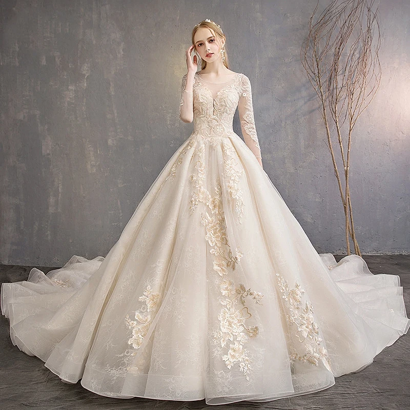 

Женское свадебное платье со шлейфом, элегантное легкое платье цвета шампанского с длинными рукавами, круглым вырезом, аппликацией и цветоч...