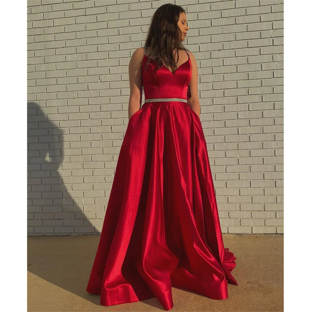 HONGFUYU Simple Red Prom Dresses 2020 vestidos de fiesta noche A Line Satin Pockets Evening Gowns gala jurken with Crystals | Свадьбы и