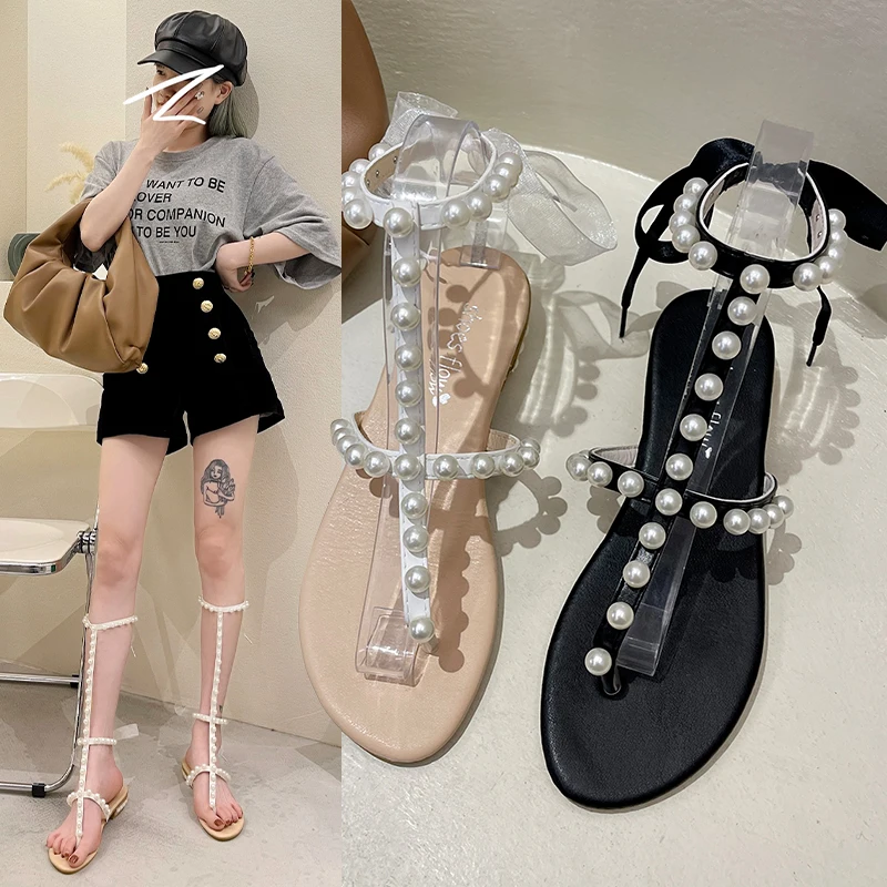 

Pearl Sandals Strappy Heels Clear Shoes Suit Female Beige 2021 Summer All-Match Lace Up Black Girls New Low Fashion Comfort