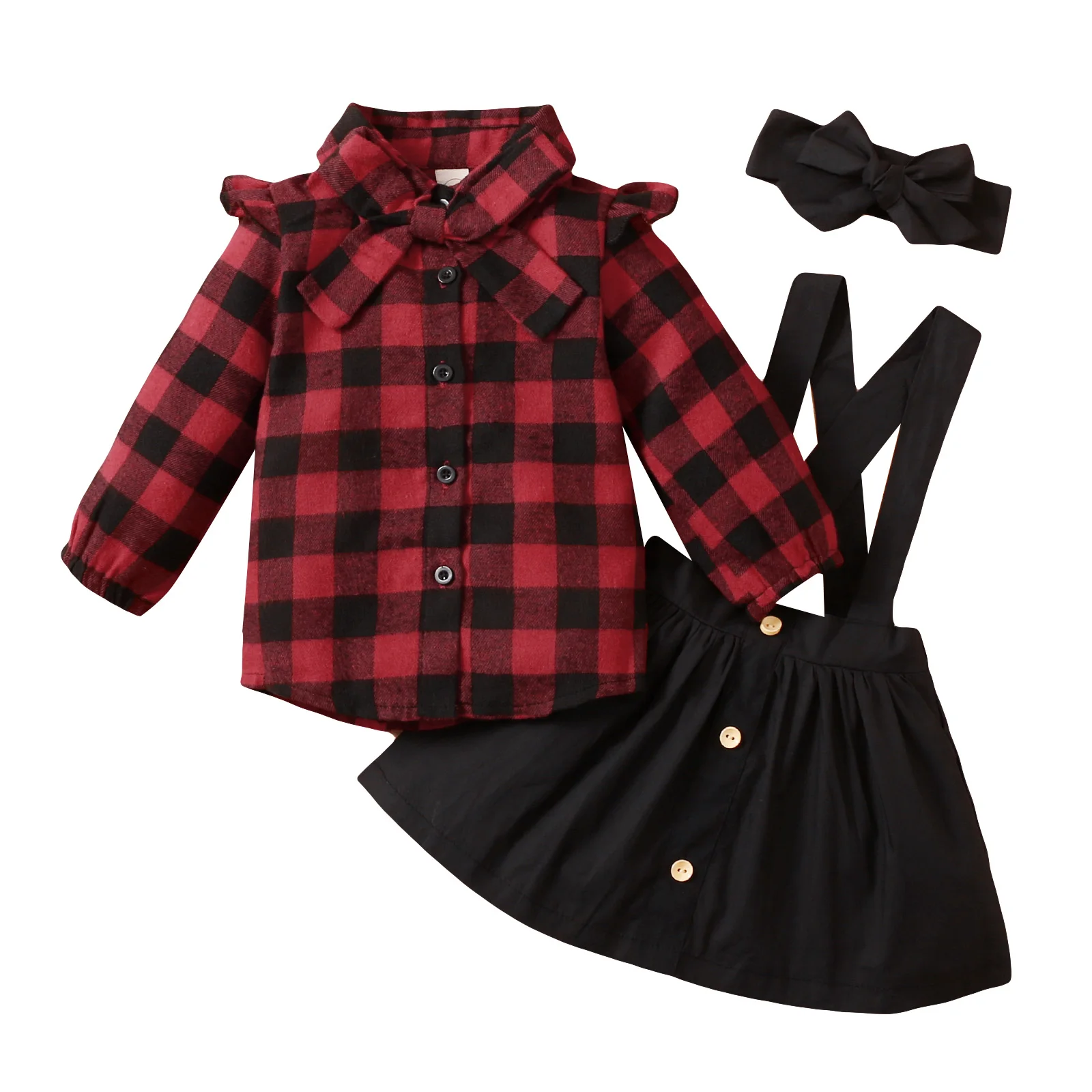 

3 Pcs Infant Plaid Outfits, Girls Long Sleeve Lapel Shirt with Bow + Suspender Skirt + Headband