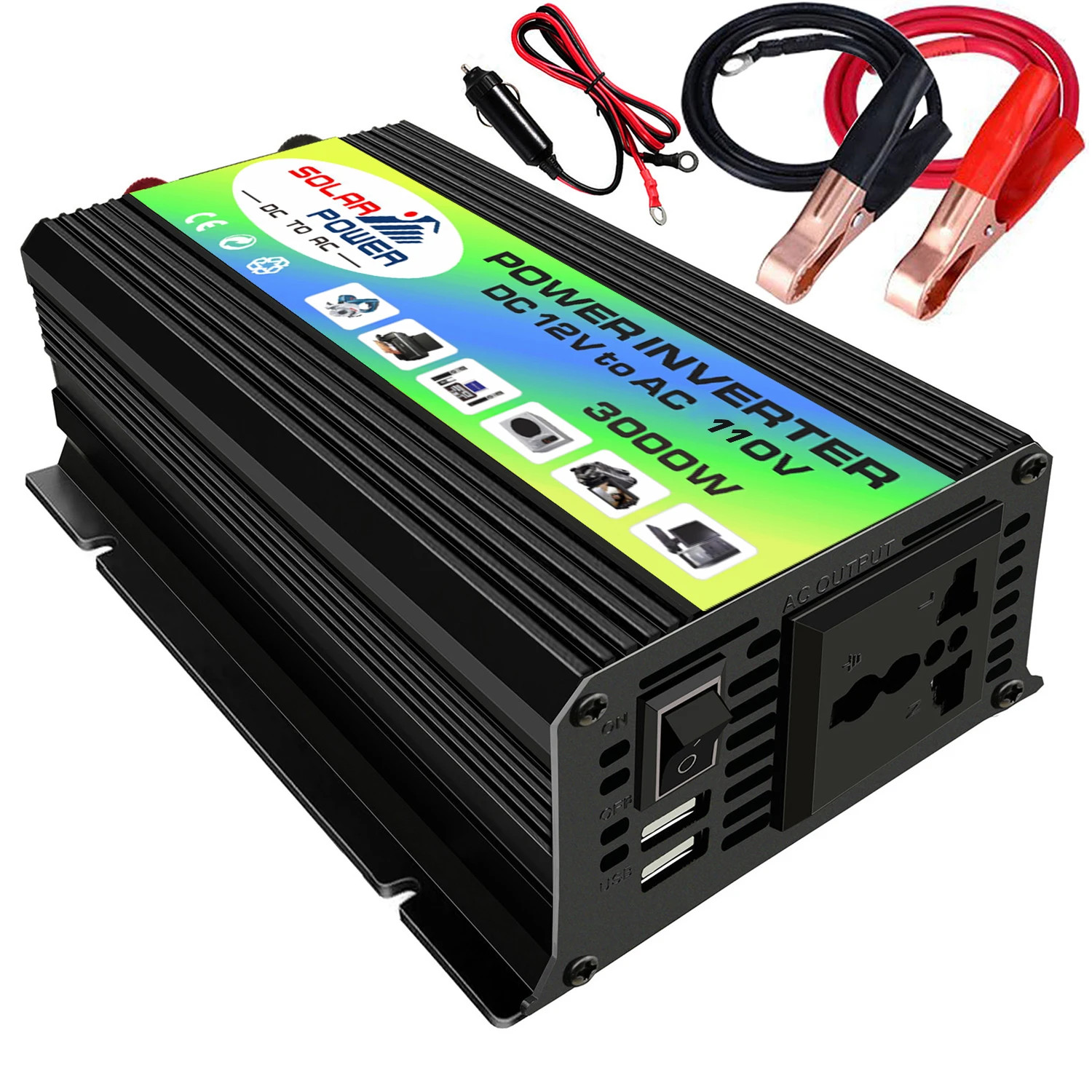 3000 Вт Солнечный инвертор DC12V к AC220V/110 в авто с 2.1A двойной USB порт батареи зажимы