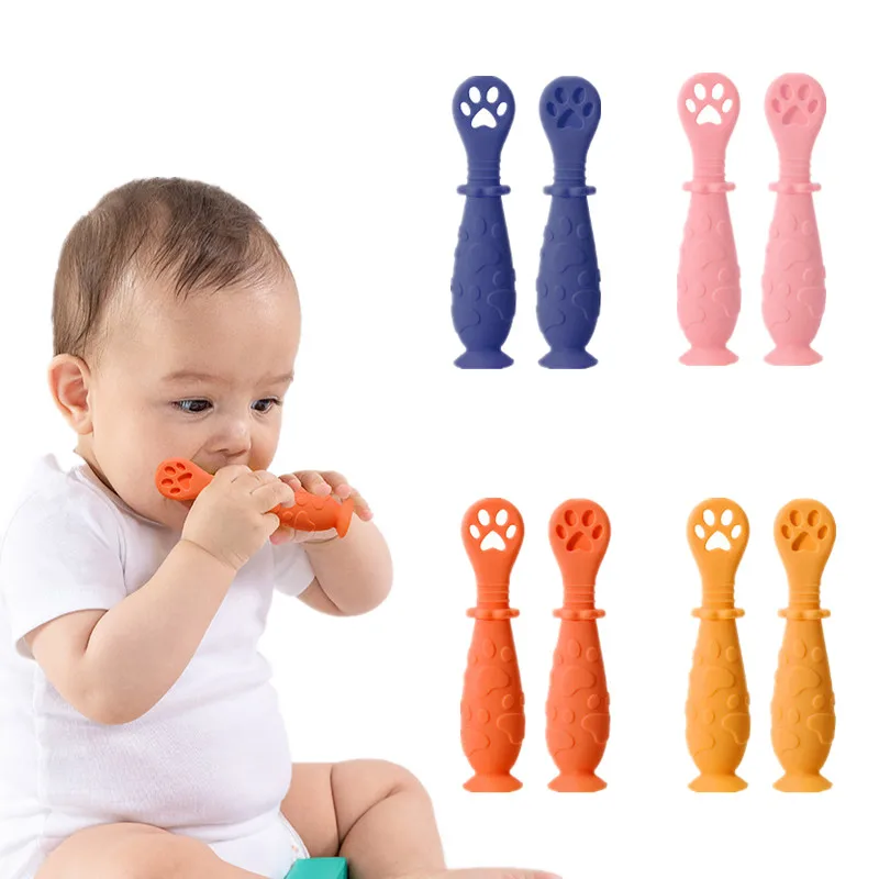 Cucharas de silicona de seguridad para dentici&oacute;n de beb&eacute;, palo mordedor para reci&eacute;n nacido, cucharas de alimentaci&oacute;n de entrenamiento, vajilla infantil, 2 uds.-0