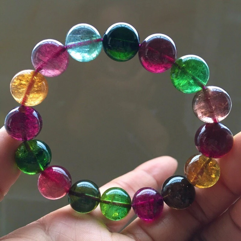 

Genuine Natural Colorful Tourmaline Clear Round Beads Bracelet 13mm Rainbow Tourmaline Women Men Crystal From Brazil AAAAA