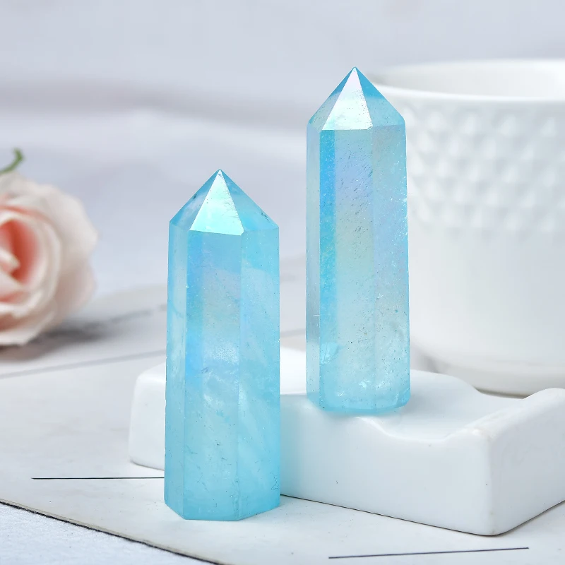 

Natural Blue Aura Clear Quartz Crystal Point Electroplating Wand Healing Stone Energy Quartz Home Decoration Reiki Tower Gifts