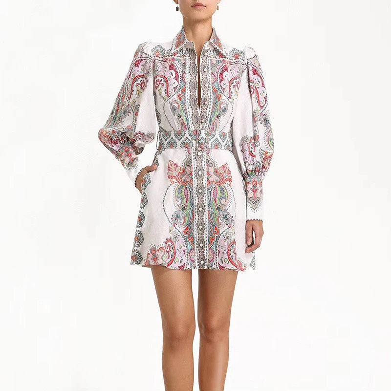 Женское винтажное платье с цветочным принтом рукавами-фонариками на пуговицах