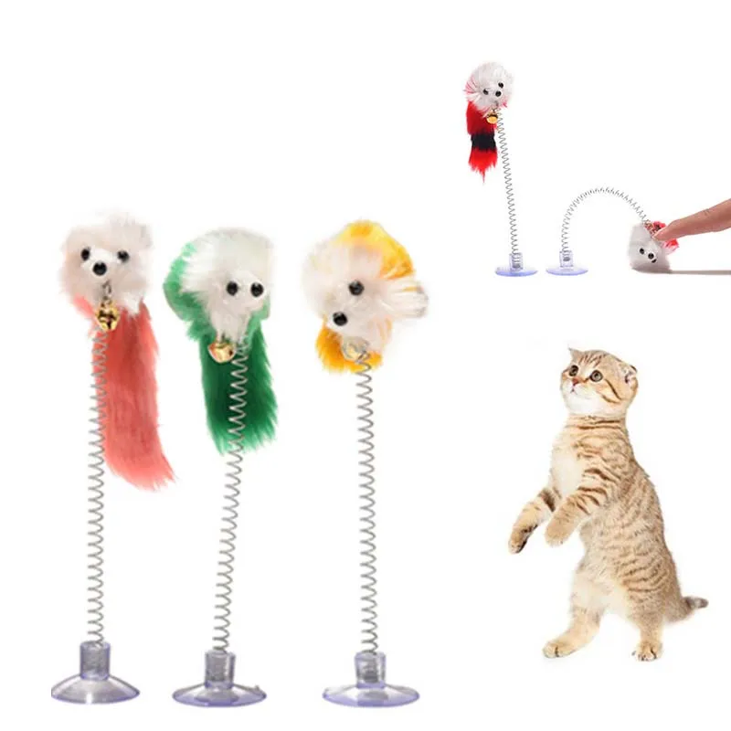 

Cat Toys Feather Stick Spring Suction Cup With Bell Spring Mouse Spring Feather Pet Toys Elastic Feathers Cat Stick Color Random