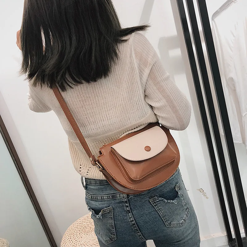 Mododiino Patchwork Saddle Bag Ladies Bag Contrast Color Shoulder Bag Simple Half Moon Women Bag Leather Crossbody Bag DNV1271