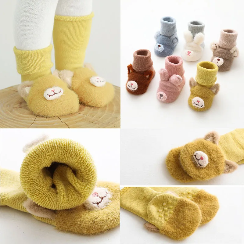 

1 пара зимние нескользящие носки-тапочки для новорожденных детские носки для маленьких мальчиков и девочек с рисунками зверей из мультфиль...