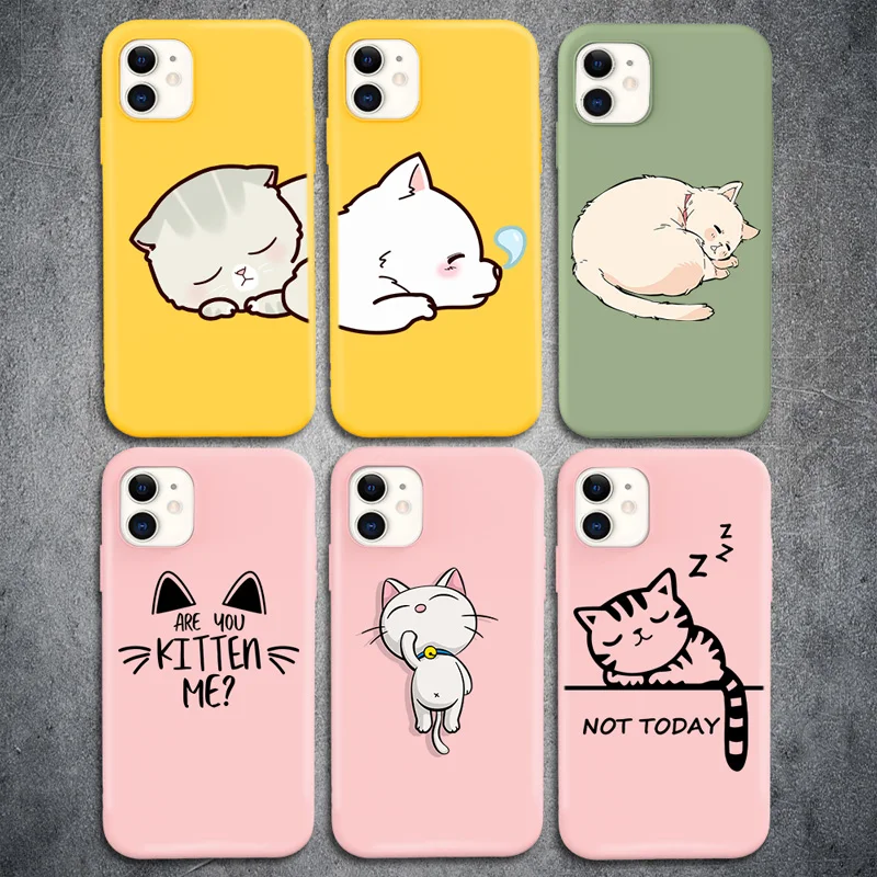 

For iPhone 11 12 Pro Max 12 Mini XS Max XR X 7 8 5 6 6S Plus SE 2020 Candy Color Cute Cat Animal Fundas Shell Fashion Gift Cover