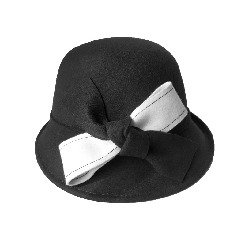 Ladies 100% Wool Winter Bowler Hat Retro British Hepburn Cloche Bucket Hat with Bow Accent