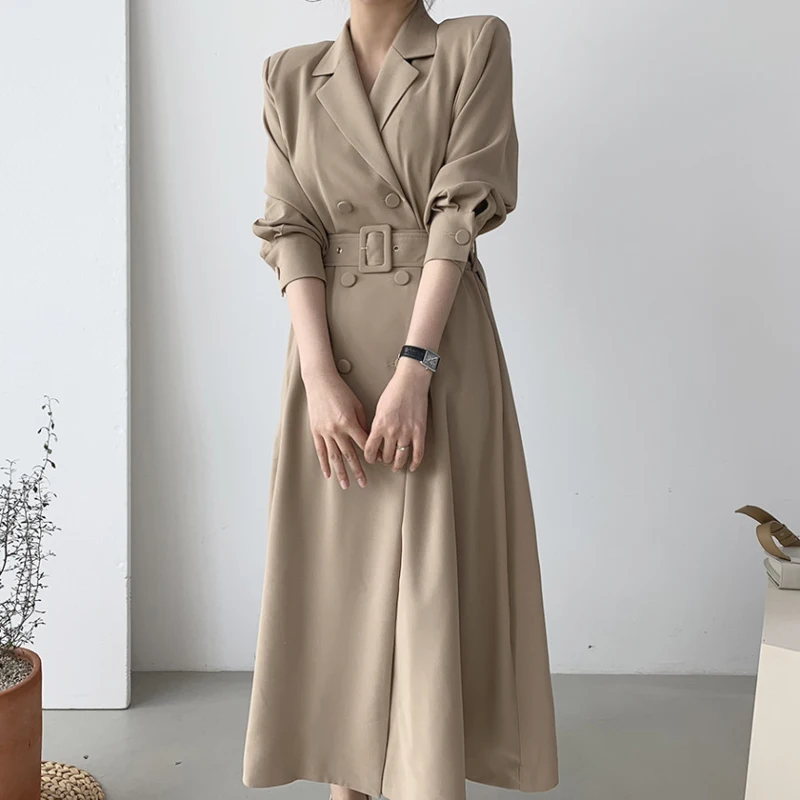 

Тренчкот 2021 новый модный осенний двубортный простой классический черный длинный тренчкот с отложным воротником шикарная Женская ветровка