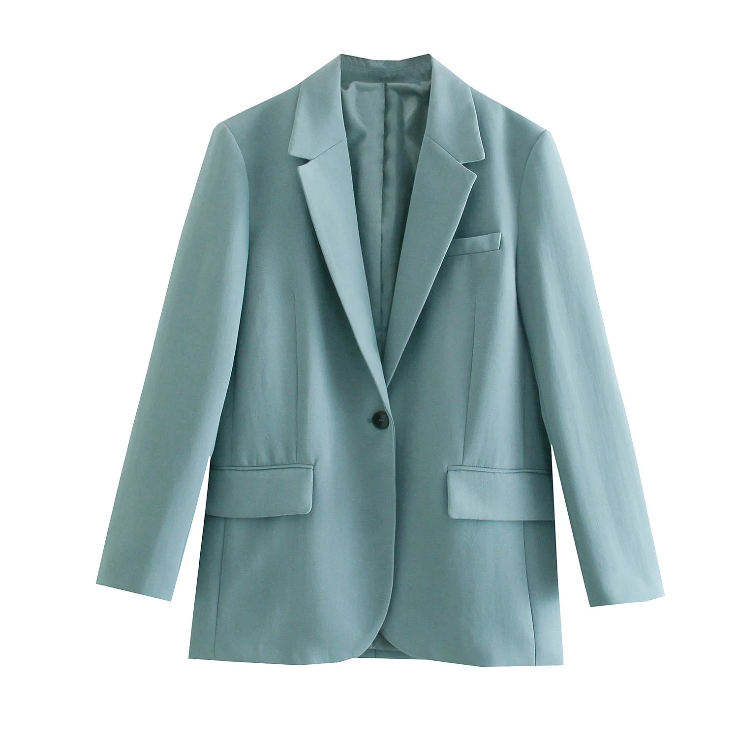 

Women Autumn Light Blue Chic Office Lady Casual Fashion Blazer Jacket Coat Female Notched Collar Single Button Pocket Loose Top