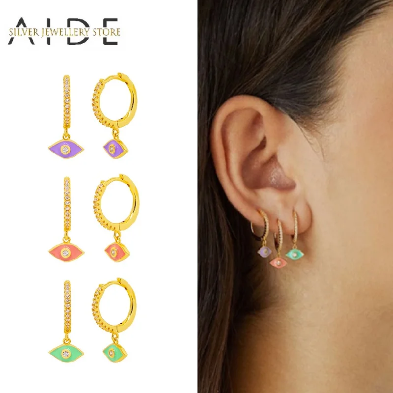 

AIDE Geometric Eye Pendientes Hoop Earrings For Women Trendy Green/Purple/Pink Eyes Piercing Earings Silver 925 Jewelry brincos