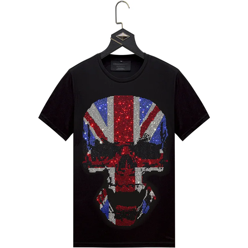 

Plus Size 2021 Fashion Skulls Rhinestones T Shirts Men Brand Short Sleeve Man Streetwear O Neck Slim Tshirts Men Summer Clothes