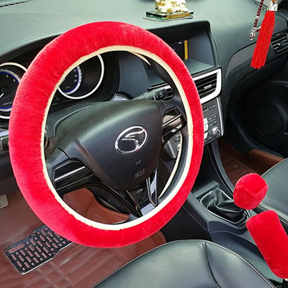 

2021 3Pcs/Set Car Universal Fixed Plush High Quality Soft Steering Plush Wheel Cover Handbrake Accessory Automotive Interior