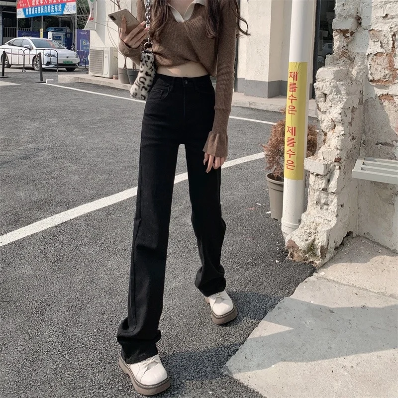 Осенние свободные черные прямые женские джинсовые брюки 2021 корейские облегающие