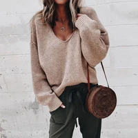 women sexy long sleeve v neck knitted sweater casual solid loose pullover vintage sweater streetwear oversized jumper crop tops