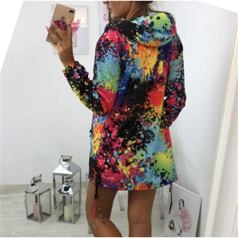 

Autumn and winter new European and American women's plus size loose women's sweater printed hooded mid-length long-sleeved jacke