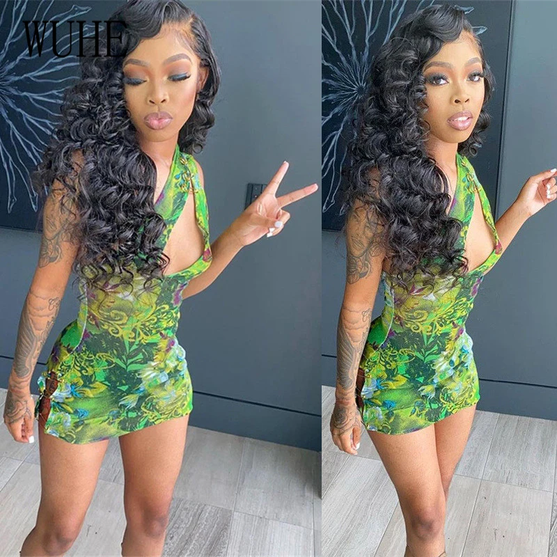 

WUHE, детская одежда с косым воротником, мини-платье из набивной ткани с вырезами пикантные обтягивающая одежда с открытыми плечами без рукав...