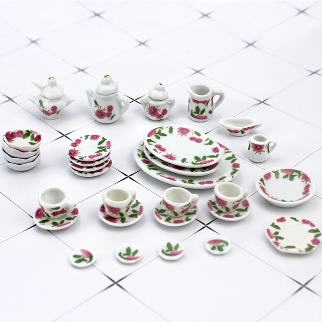 

27 Pieces 12th Dollhouse Ceramic Floral Tableware Tea/Coffee Set Kitchen Accessories Kids Pretend Play Toys, 2 Styles