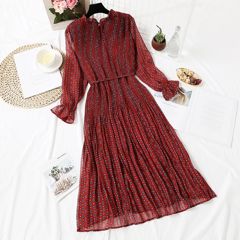 

Spring Stand Collar Floral Print Women Dress Lace Up Female Pleated Dress Summer Party Midi Chiffon Vestidos femme 2021