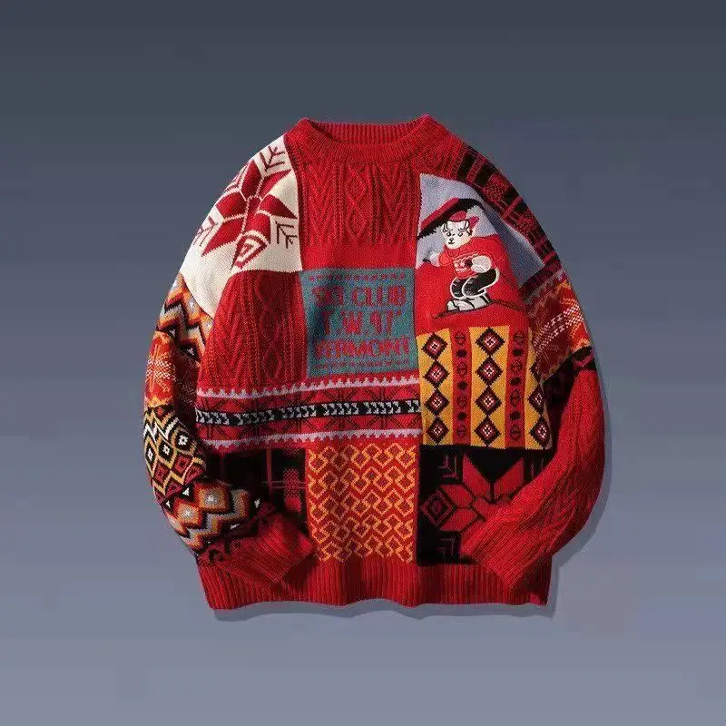 

2021 Fall Winter New Year Christmas High Quality Sweater for Men and Women Loose Retro Hip Hop Bear Pattern Knitted Pullover