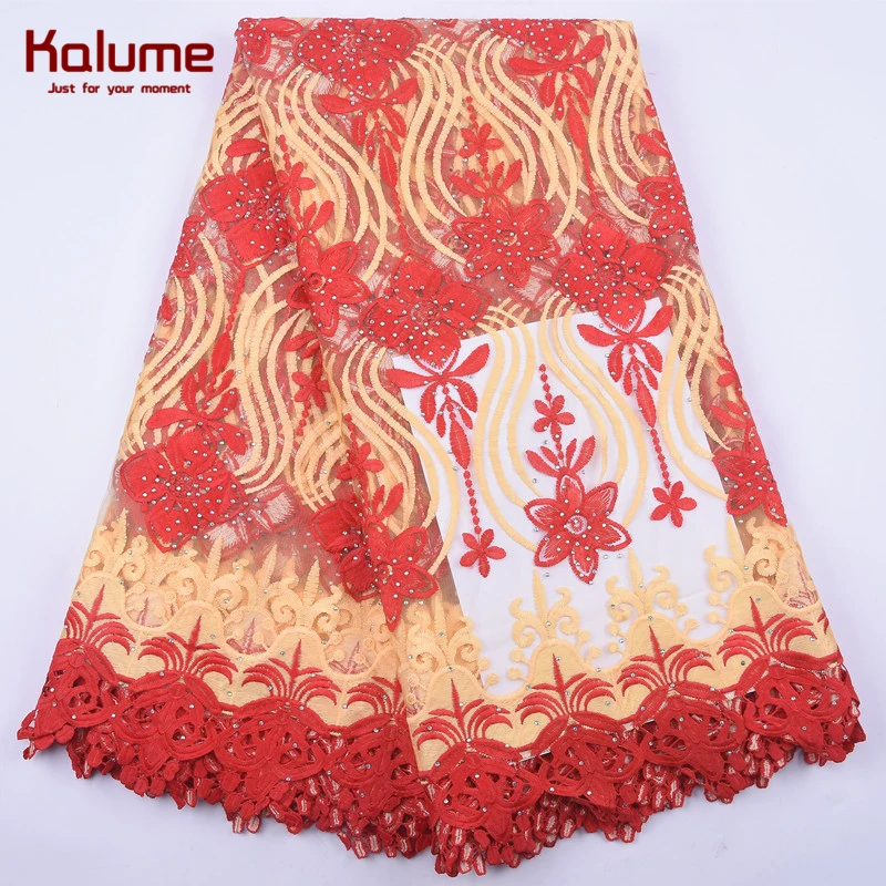 Kalume высокое качество Африканское молочного цвета Шелковое кружево ткань камни