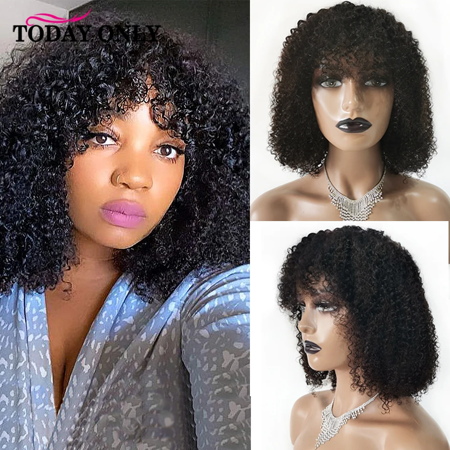Curly Wig With Bangs Human Hair Brazilian Cheap Afro Kinky Curly Natural Short Bob Wig Human Hair Glueless Full Machine Made Wig