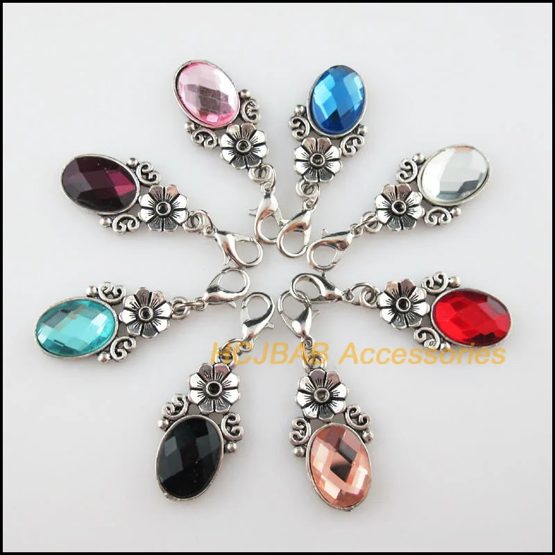

8Pcs Retro Mixed Crystal With Lobster Claw Clasps Charms Flower Oval Pendants