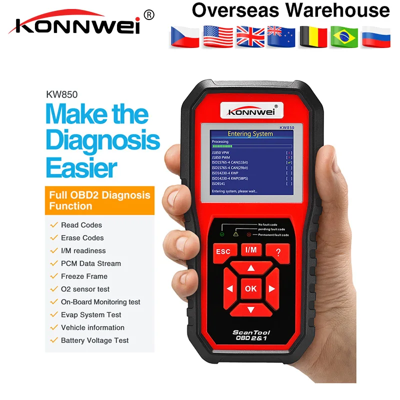 Автомобильный сканер KONNWEI KW850 многоязычный полнофункциональный OBD2 считыватель