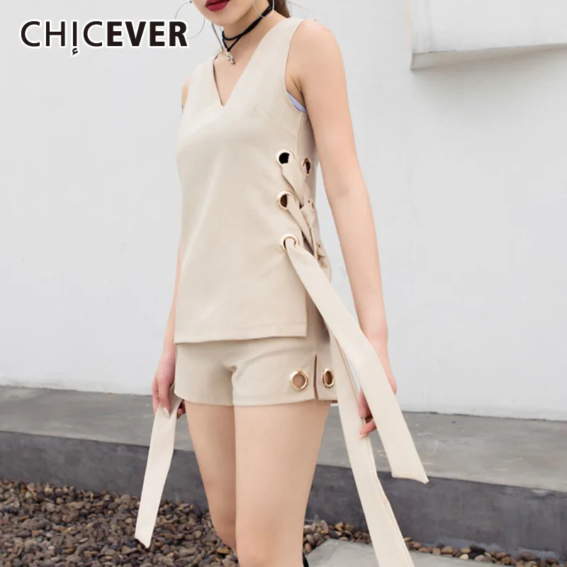 

CHICEVER Sleeveless Blouse Tops Shorts Women Two Piece Sets Lace up Vest Tanks Sexy Shorts Suit Female Casual Clothes Summer
