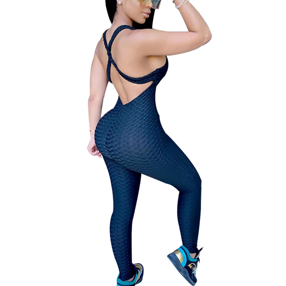 

Jumpsuit Women Backless Cross Straped One Piece Outfit Women Hollow Out 5XL Slim Solid Bodycon Jumpsuits For Women 2020