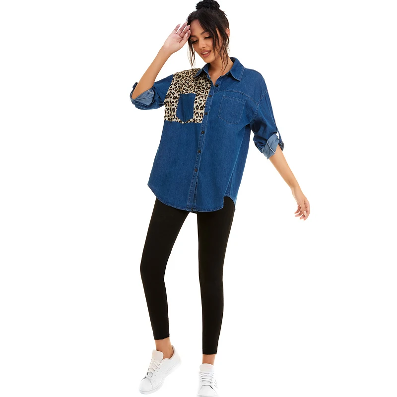 

Blue Denim Spliced Leopard Print Shirts Jacket Women Blouse Design Fashion Long Sleeve Loose Elegant Office Lady 2020 Autumn New