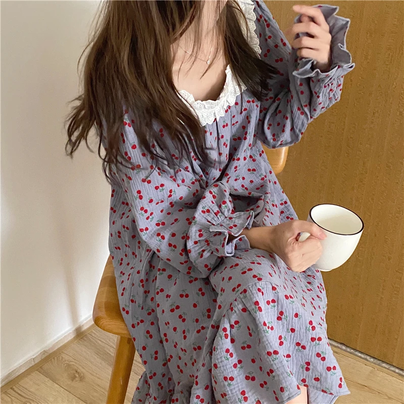 Осенняя ночная рубашка из пеньюар газовой ткани хлопка с принтом вишни рюшами и
