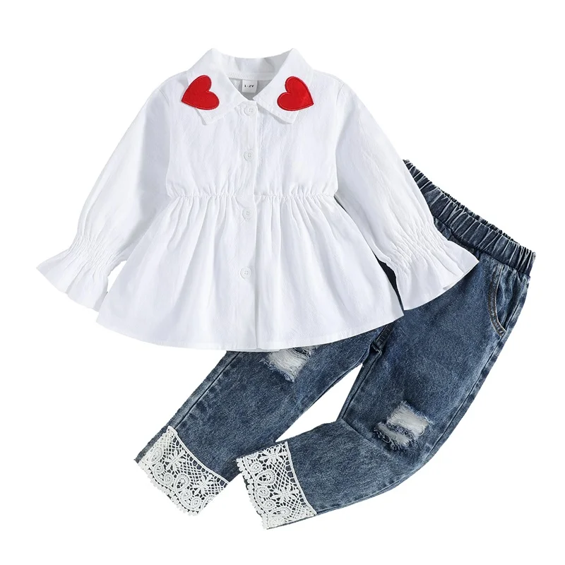 Детская белая рубашка с длинным рукавом и рисунком сердечек для маленьких