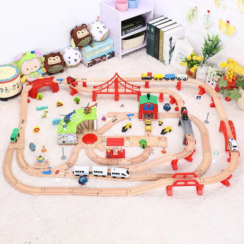 Wooden Train Track Set Dinosaur Wildlife Scene Wooden Train Track Toy Set Brio Railway Magical Bridge Accessories Toys For Child
