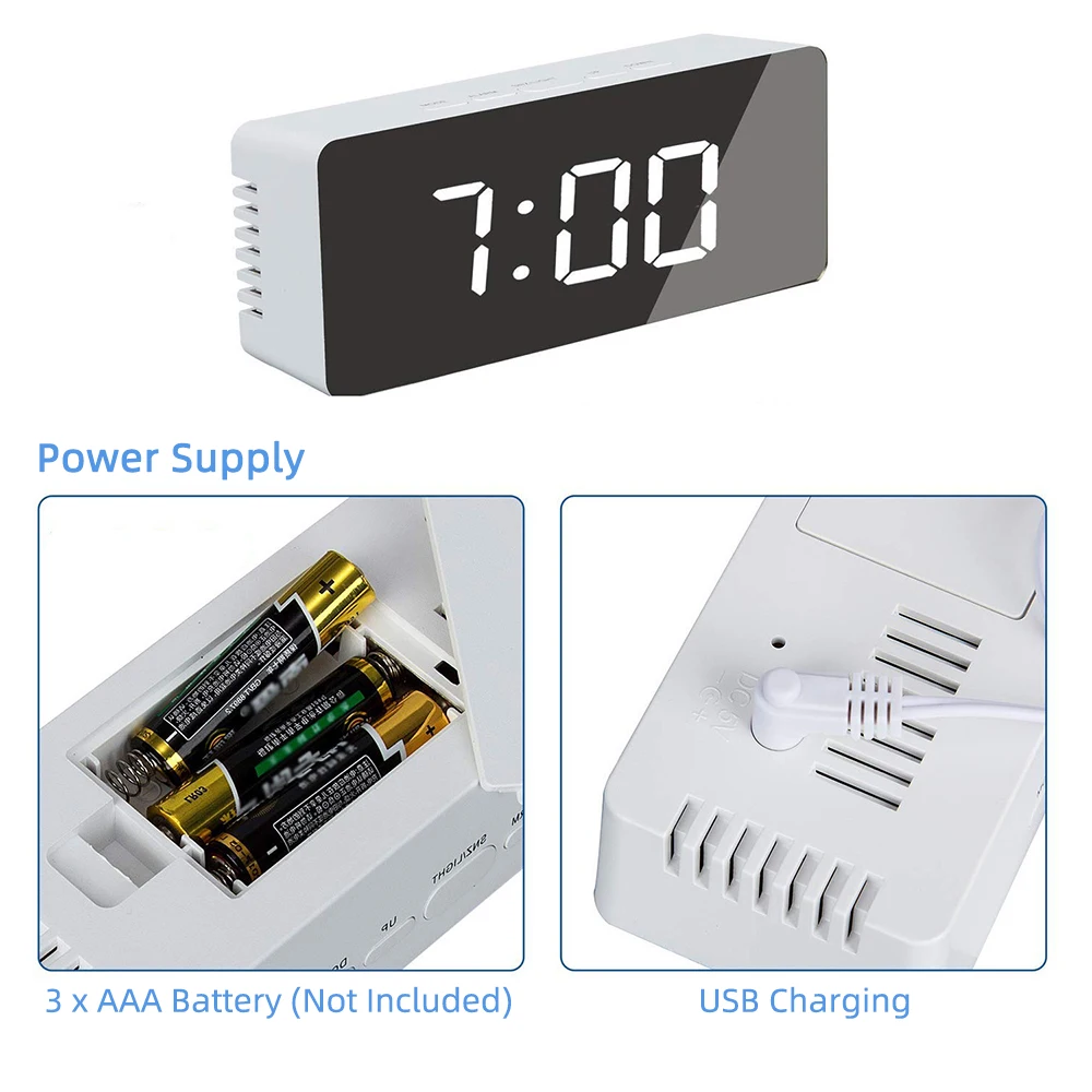 5 Fuctions Button Desk Clock Digital Mirror LED Display Alarm Temperature Calendar Snooze Function with USB 14x50x3.4cm A | Дом и сад