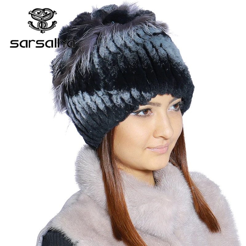 SARSALLYA Зимой меховая шапка для женщин реального рекс кролика с silver fox меховой