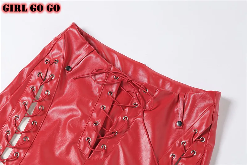 

spring fall clothes PU leather high waist bandage lace up hollow out straight pants women trousers y2k hip hop streetwear