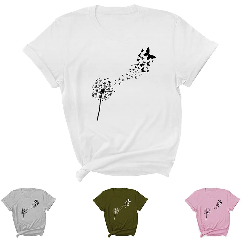 

Женская футболка с принтом одуванчиков и бабочек, свободная женская футболка с коротким рукавом и круглым вырезом, Дамская Футболка, топы, ж...