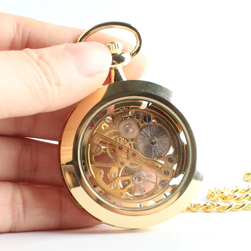 Golden Luxury Skull Breeze Special Modeling Mechanical Pocket Watch Retro Gear Steampunk Fob Men's Clock with Chain