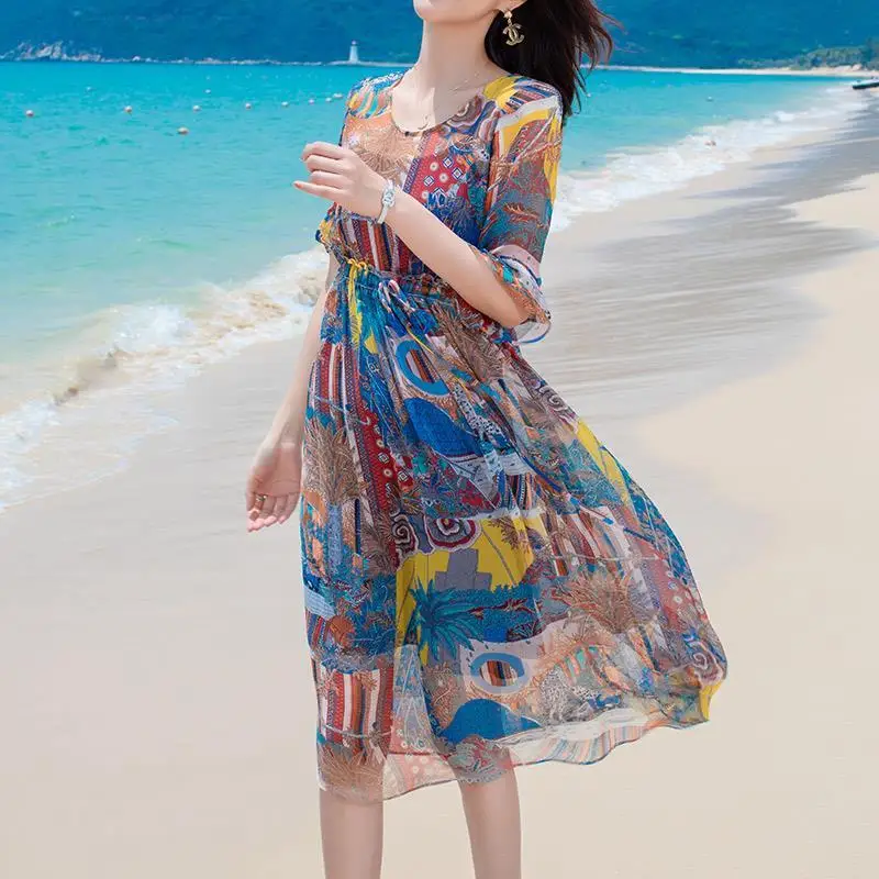 

2021 New Summer Women Fashion Silk Print Maxi Dress Women French Retro O Neck A-line Dress Autumn Boho Holiday Long Dress B34