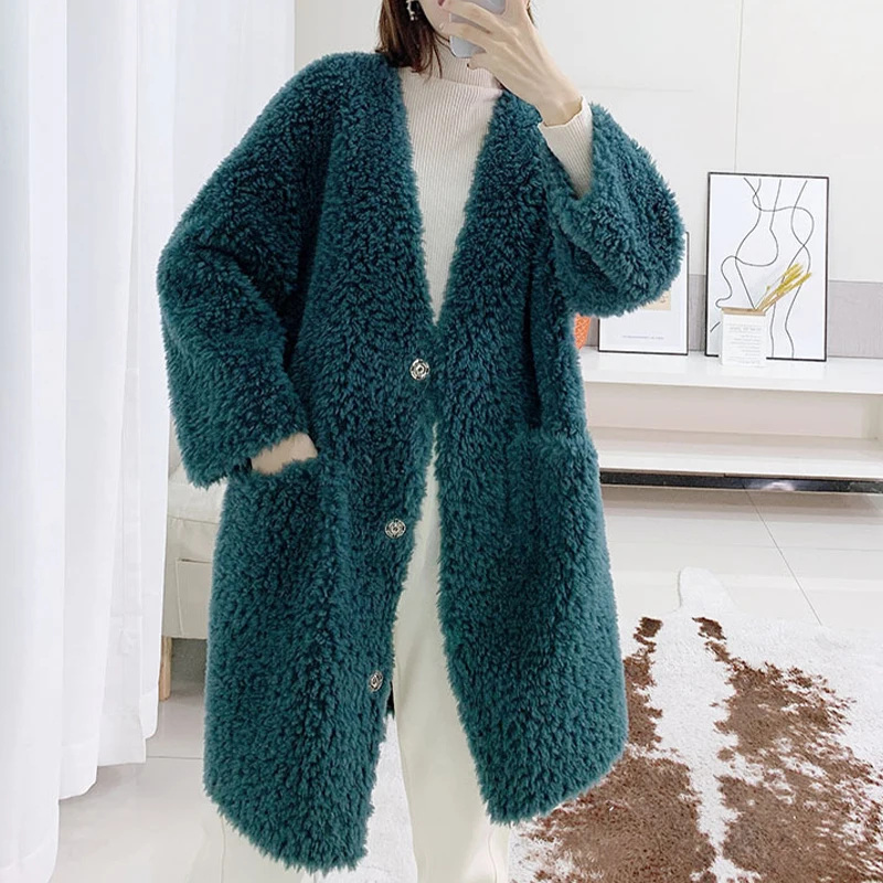 Winter Women's Sheep Shearing Coat Mid-Length Lamb Wool Granular Fleece Without Hood Single-Breasted V-Neck Fur Warm Coat Casual