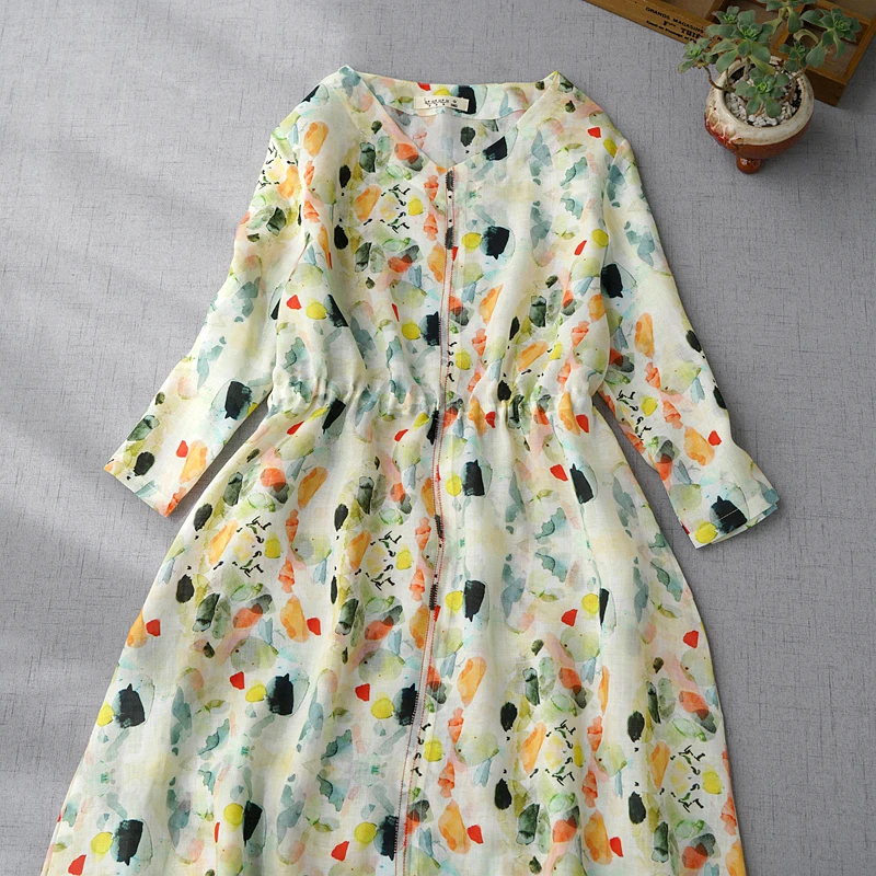 

Spring Summer New Arrivals Women Brief Loose Plus Size Sweet Ink Print Comfortable Water Washed Thin Ramie Dresses