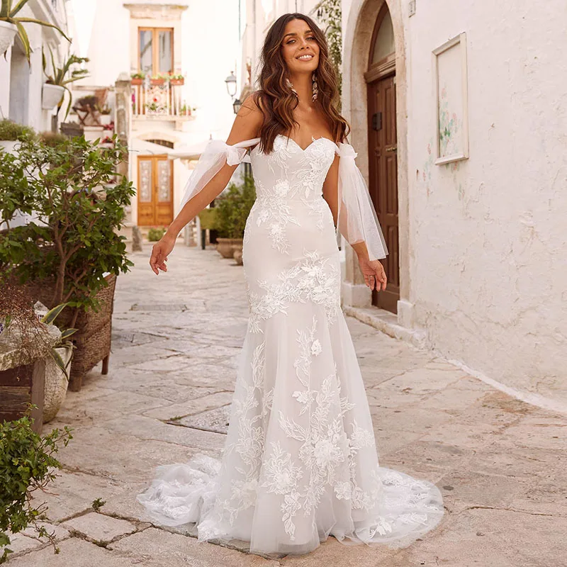 

Eightale Boho Wedding Gowns 2020 Sweetheart Mermaid Appliques Lace Backless Sexy Wedding Dress with Detachable Straps Bride