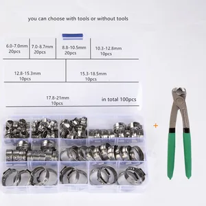 Хомуты для шлангов, 6-21 мм, из нержавеющей стали 100, с одним ушком, бесступенчатые, с набором клещей, 304 шт.
