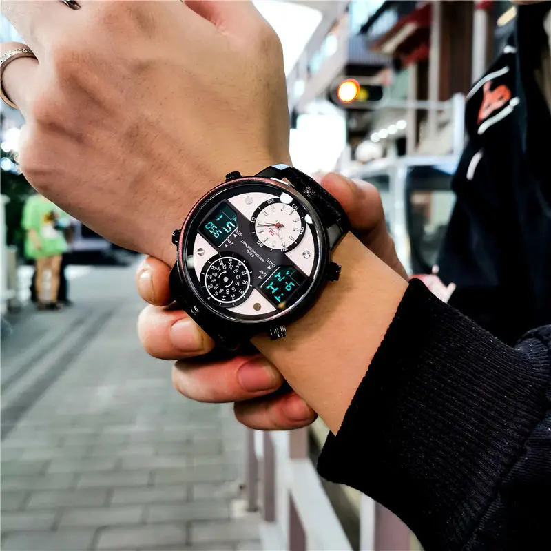 

Three movement big dial waterproof luminous handsome trendy male Korean student electronic watch male Men's trendy watches