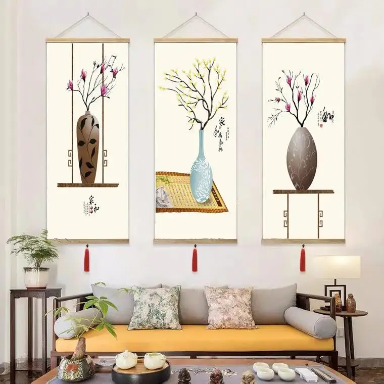 

Wood Scroll Painting Chinese Style Vase Canvas Painting Printed Poster Aesthetics Landscape Art Home Wall Hanging Decor for Gift