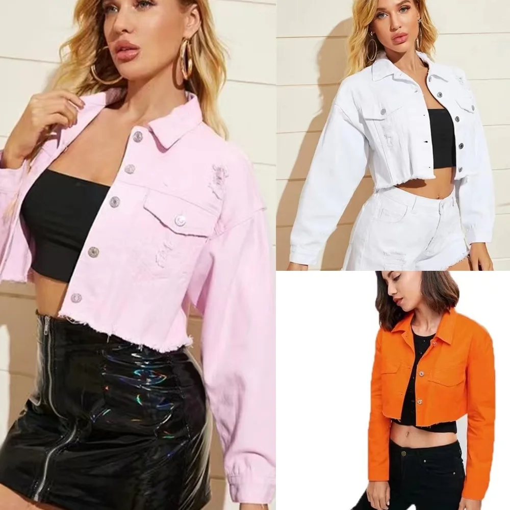 

Женская короткая куртка на весну и осень, однотонная свободная Потертая джинсовая куртка с отложным воротником и длинными рукавами и необр...